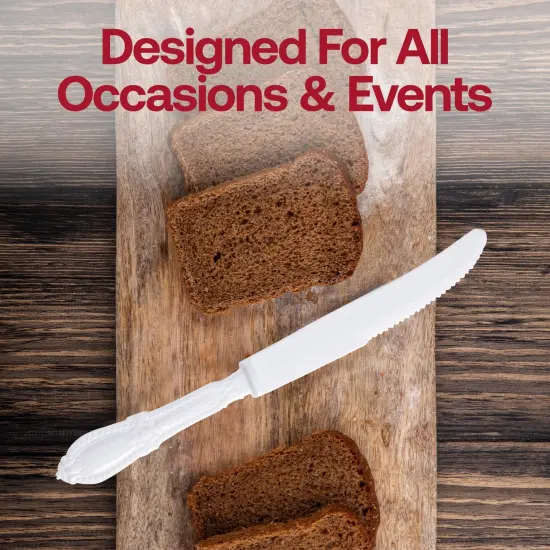 White Baroque Disposable Plastic Dinner Knives (480 Knives) {6}