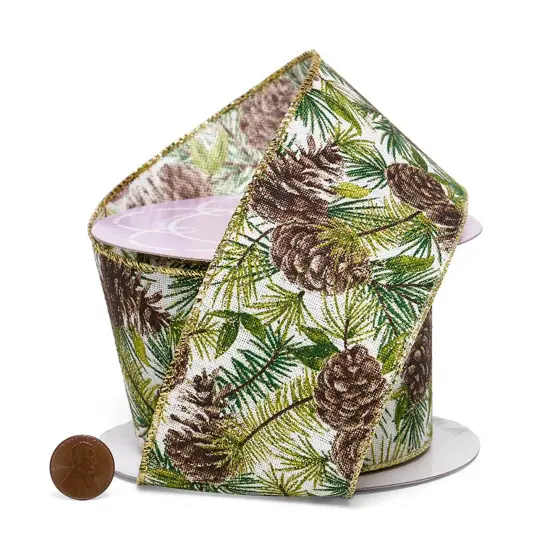 Classic Pinecones & Foliage Natural Wired Ribbon 2.5" x 10 Yards {5}
