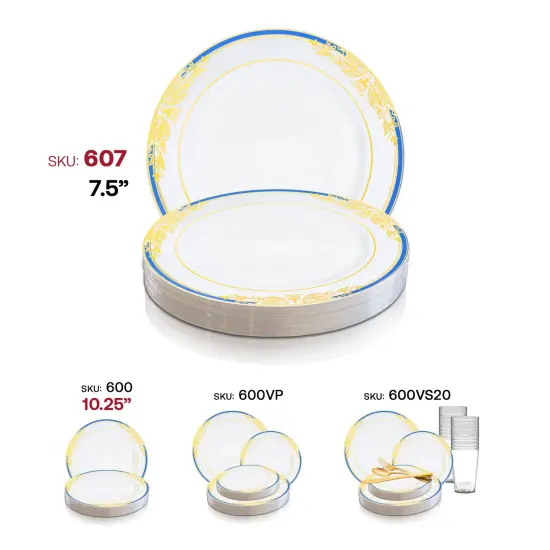 White with Blue and Gold Harmony Rim Plastic Appetizer/Salad Plates - 7.5" (120 Plates) {6}