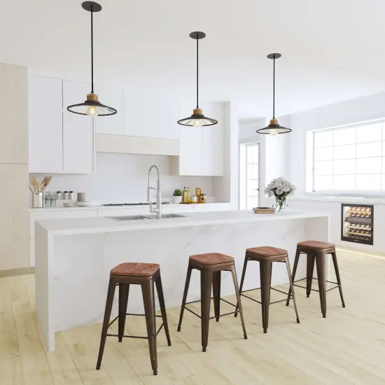 Merrick Lane Brooklyn 24 Inch Tall Stackable Metal Bar Counter Stool With Textured Elm Wood Seat In Set Of 4 Gun Metal {1}