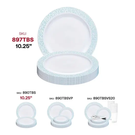 White with Turquoise Blue and Silver Mosaic Rim Round Plastic Appetizer/Salad Plates - 7.5" (120 Plates) {6}