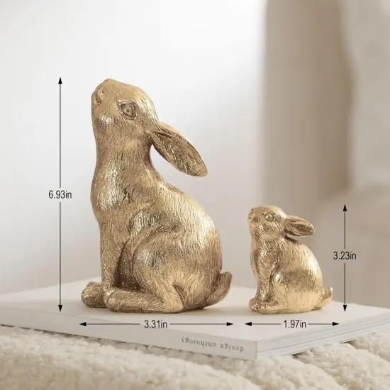 Set of 2 Easter Bunny Figurines, Gold Home Decor Resin Rabbit Statue {4}