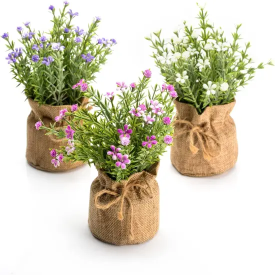 Babys Breath Artificial Flowers in Small Burlap Bag Vases 3Pcs -Gypsophila Faux Flowers Farmhouse {1}