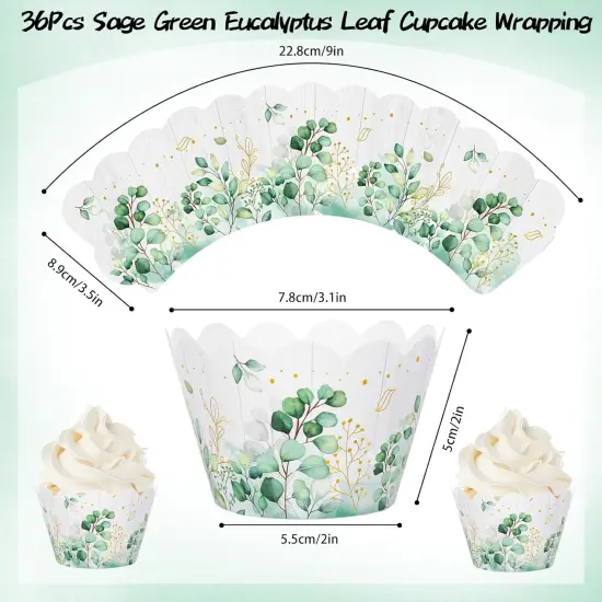 36Pcs Eucalyptus Leaf Cupcake Wrappers Spring Wood Sage Green Cupcake Liners Greenery Cupcake Holders for Baby Shower Wedding Party Supplies Dessert Decor {2}