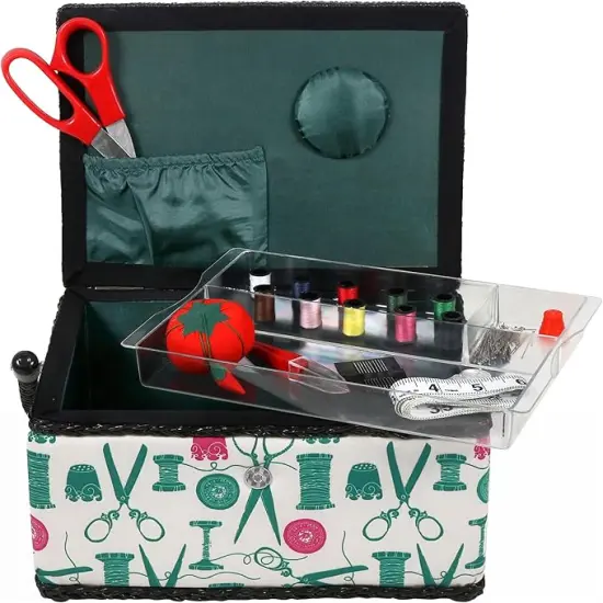 Basket with Sewing Notions Kit & Removable Tray-Vintage Spools, Tan {2}