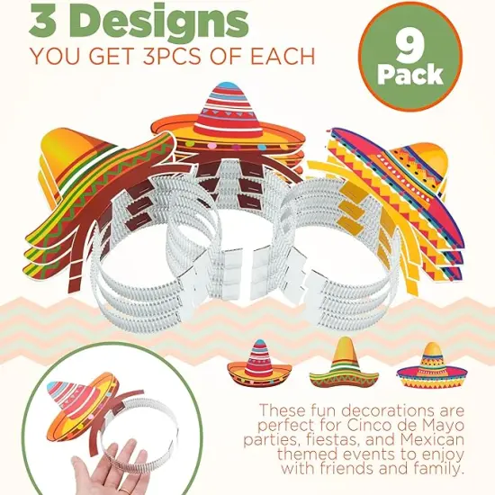 4E's Novelty 9 Pack Sombrero Headband Party Bulk &ndash; Cinco De Mayo Party Favors Supplies, Birthday & Taco Tuesday Accessories {3}