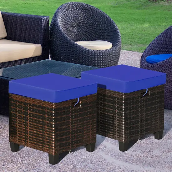 Costway 2PCS Patio Rattan Ottoman Cushioned Seat Foot Rest Coffee Table Furniture Garden Navy {1}