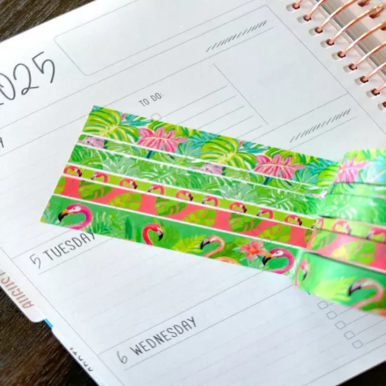 Tropical Flamingos Leaves Vacation Lush Green Pink Washi Tape Set August 2025 - W137 {6}