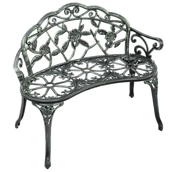Costway Patio Garden Bench Chair Style Porch Cast Aluminum Outdoor Rose Antique Green {1}