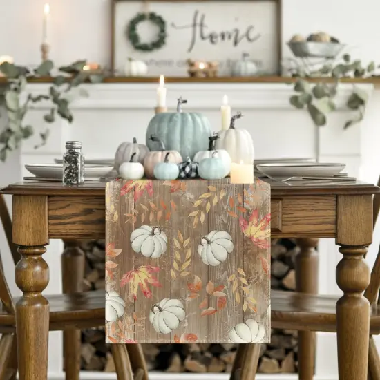 Pumpkins Maple Leaves Brown Wood Fall Table Runner {2}
