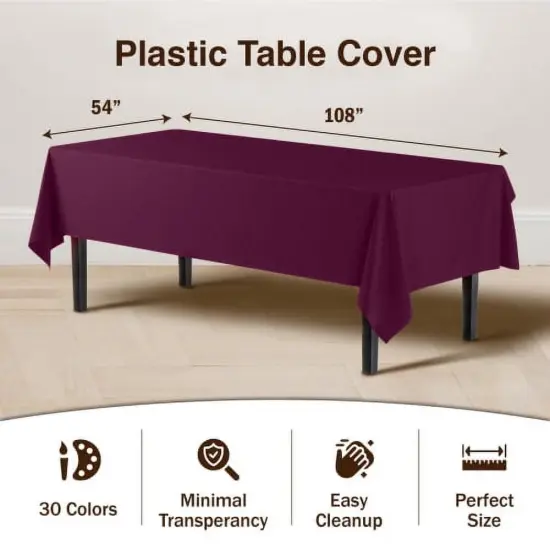 Exquisite 12-Pack Premium Plastic Tablecloth 54in. x 108in. Rectangle Plastic Table Cover Plum {4}