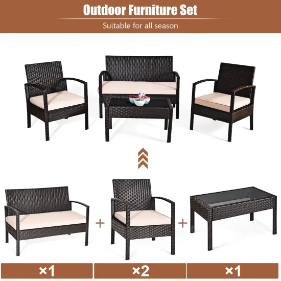 Costway 4PCS Patio Rattan Conversation Furniture Set Cushioned Seat Glass Table {4}