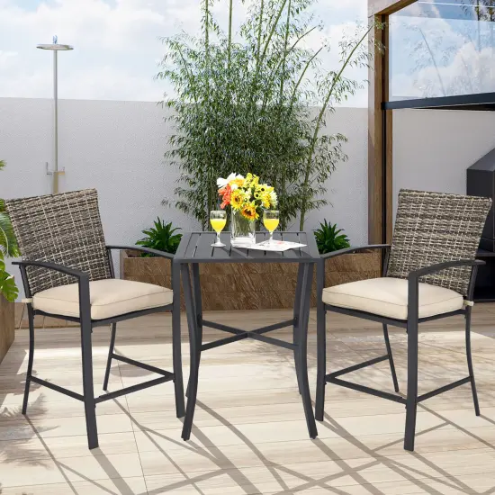 3PCS Patio Rattan Bar Furniture Set Slat Table 2 Cushioned Stools Poolside Gray {1}