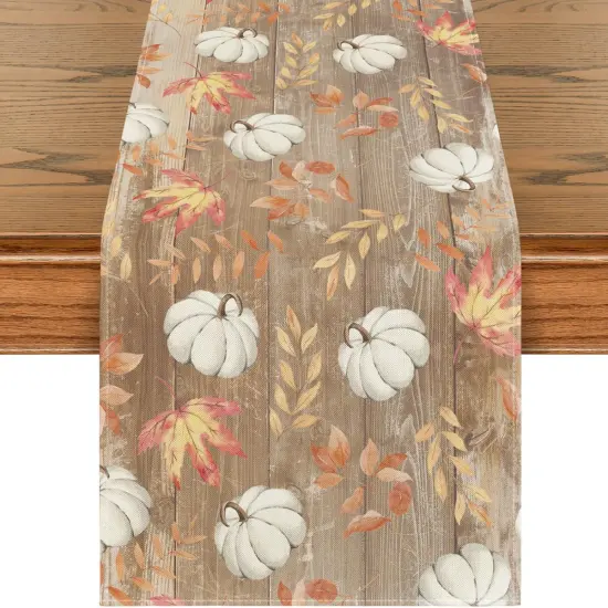 Pumpkins Maple Leaves Brown Wood Fall Table Runner {1}