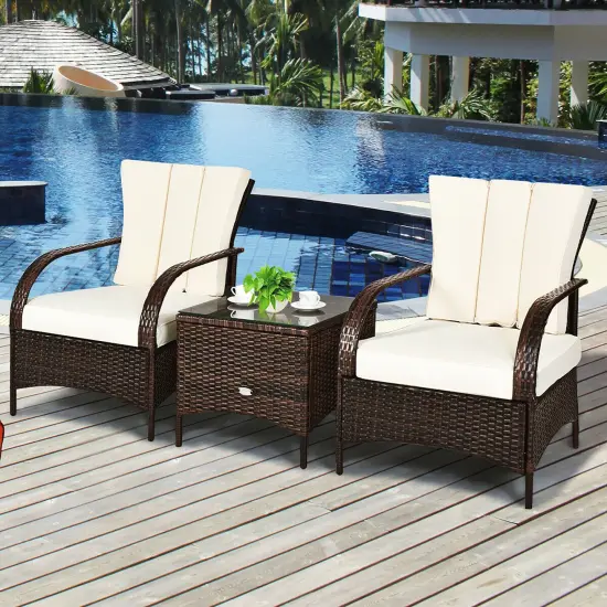 Costway 3 PCS Patio Rattan Furniture Set Coffee Table & 2 Rattan Chair W/White Cushions {5}