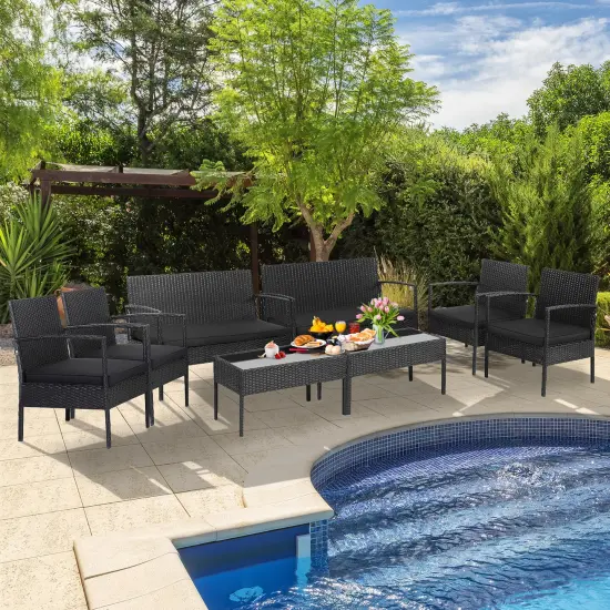 Costway 8 PCS Patio Rattan Furniture Set Cushioned Sofa Armrest Garden Black {1}