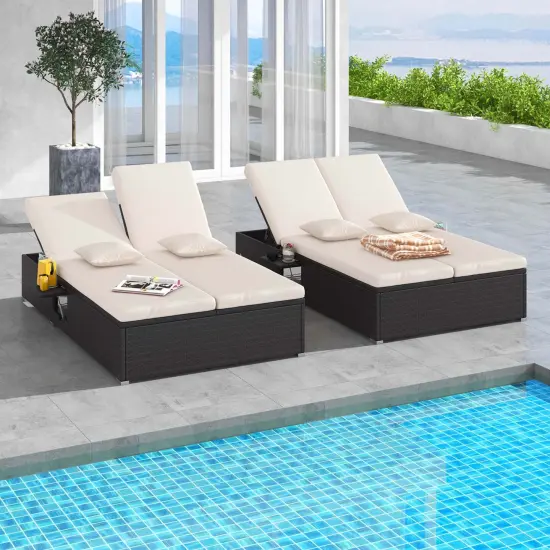 Costway Outdoor Patio Daybed PE Wicker Double Chaise Lounge with Adjustable Backrests {4}
