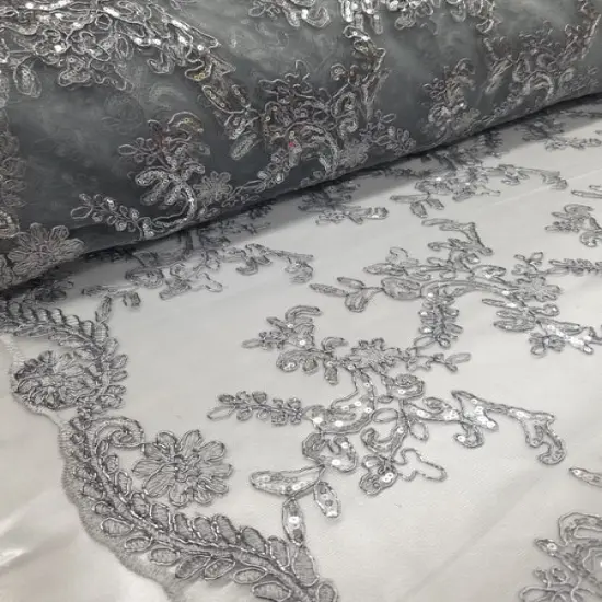 1 Yard Silver Metallic Flowers Sequins Mesh Lace Fabric for Tablecloths and Costumes {3}