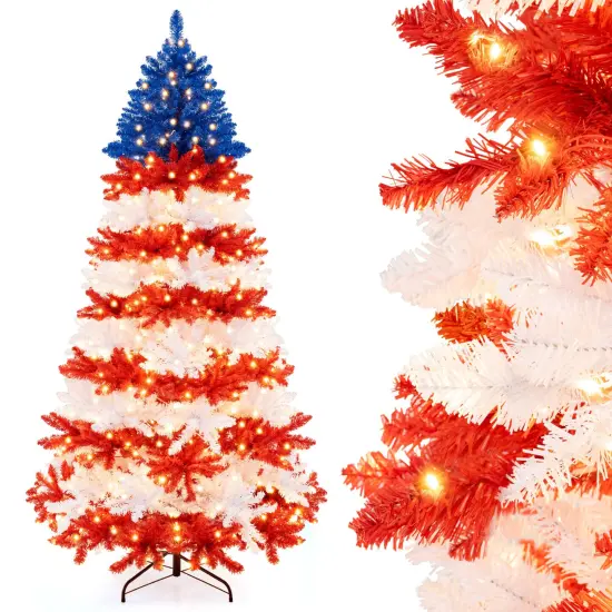Costway 7.5 FT Patriotic Pre-Lit Artificial Christmas Tree with 1341 Branch Tips 480 Lights {2}