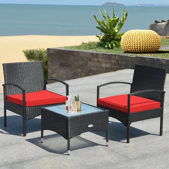 Costway 3 PCS Patio Wicker Rattan Furniture Set Coffee Table & 2 Rattan Chair W/Cushion {1}