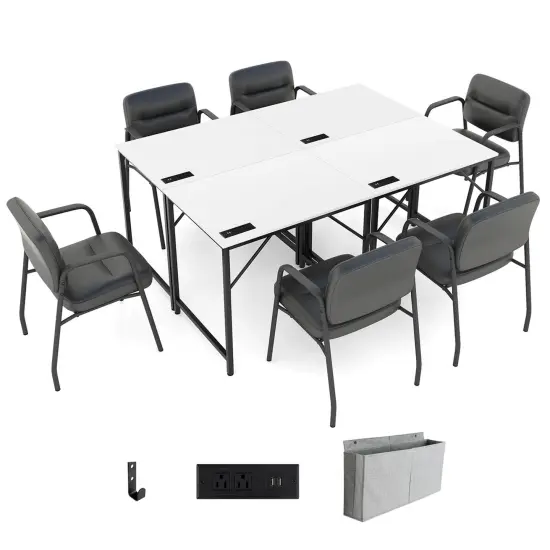 Costway 32" Meeting Room Desk Set of 2/4/6 with Charging Station & Headphone Hook Metal Frame White {8}