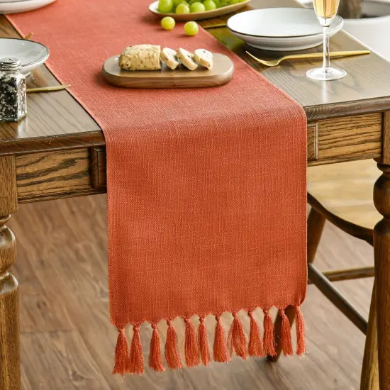 Terracotta Orange Tassel Table Runner, Fall Linen Blend -13x72 Inch {1}