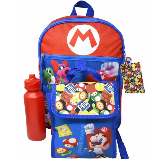 Nintendo Super Mario Red 5pc 16" School Backpack Set with a lunch bag, water bottle, carabiner clip & ID holder, Blue {1}