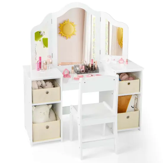 Costway Kids Vanity Table & Chair Set 2-in-1 Princess Pretend Play Makeup Vanity Set Pink/White {8}