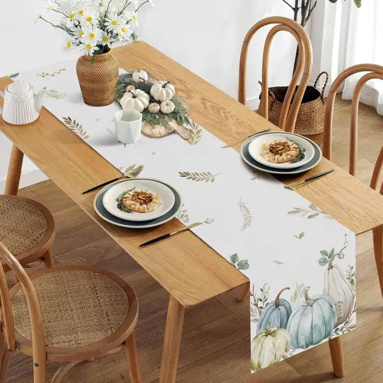 Fall Pumpkins Eucalyptus Leaves Table Runner, 13x72 Inch Thanksgiving Table Runner {4}