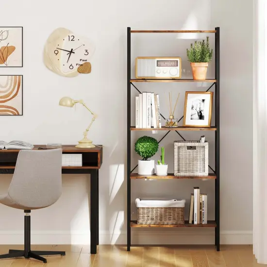 Costway 1/2 PCS 5-Tier Bookshelf, Industrial Tall Bookcase with Open Storage Shelves & Metal Frame Brown {9}