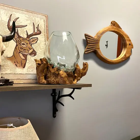 Rustic Wood Fish Shaped Wall Mirror Coastal Beach Nautical Bathroom Decor {7}