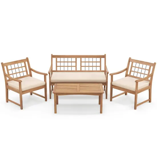 Costway 4 PCS Wood Patio Furniture Set with Soft Seat Cushions Solid Acacia Wood Frame Off White/Gray {8}