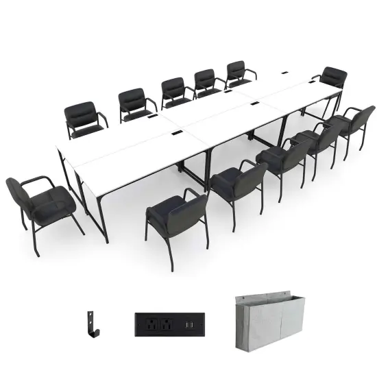 Costway Set of 2/4/6 Meeting Room Desk with Charging Station & Headphone Hook Metal Frame White {9}