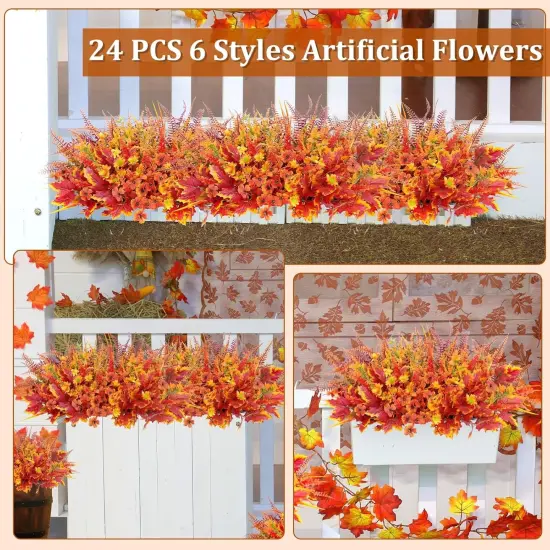24 Bundles 6 Styles Artificial Fall Flowers Plants for Outdoors {3}