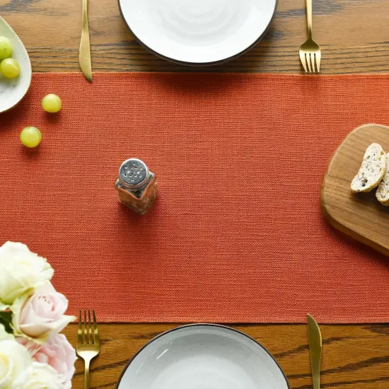 Terracotta Orange Tassel Table Runner, Fall Linen Blend -13x72 Inch {2}