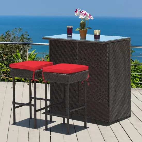 Costway 3PCS Patio Rattan Wicker Bar Table Stools Dining Set Cushioned Chairs Garden Red {4}