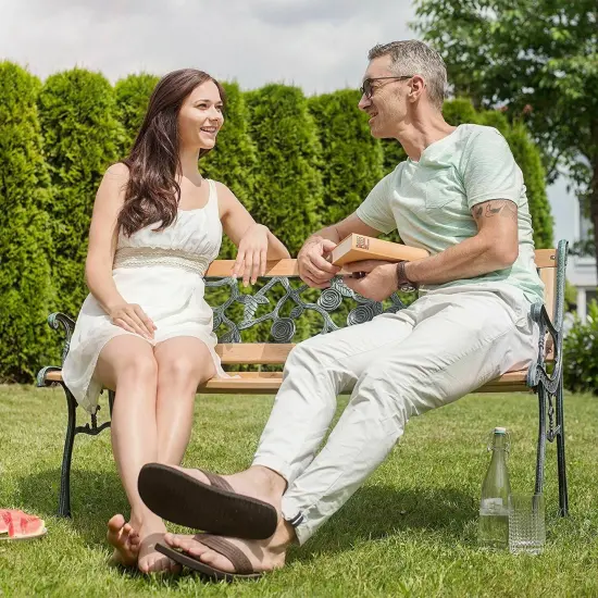 Costway Patio Park Garden Bench Porch Chair Outdoor Deck Cast Iron Hardwood Rose {3}