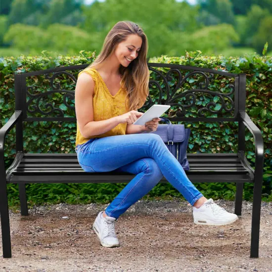 Costway 50'' Patio Park Garden Bench Porch Chair Steel Frame Cast Iron Backrest {3}