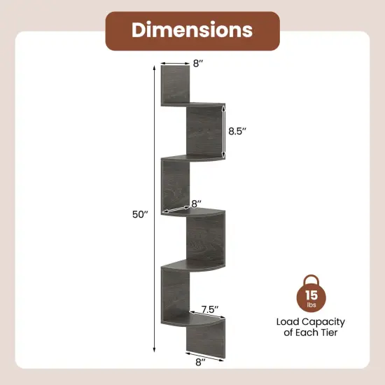 Costway 1/2 PCS 5-Tier Floating Bookshelf with Safe Round Edge Space-Saving Plant Display Shelf Brown/White/Gray {3}