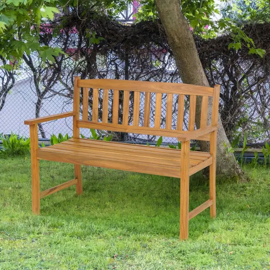 Costway Patio Acacia Wood Bench 2-Person Slatted Seat Backrest 800 Lbs Outdoor Natural {1}