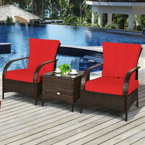 Costway 3 PCS Patio Rattan Furniture Set Coffee Table & 2 Rattan Chair W/Red Cushions {5}