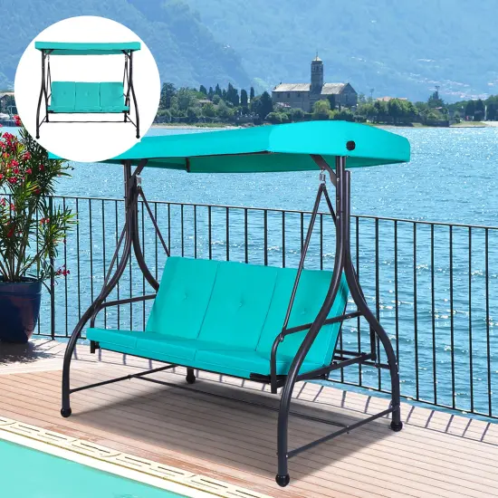 Costway Converting Outdoor Swing Canopy Hammock 3 SeatsPatio Deck Furniture Turquoise {3}