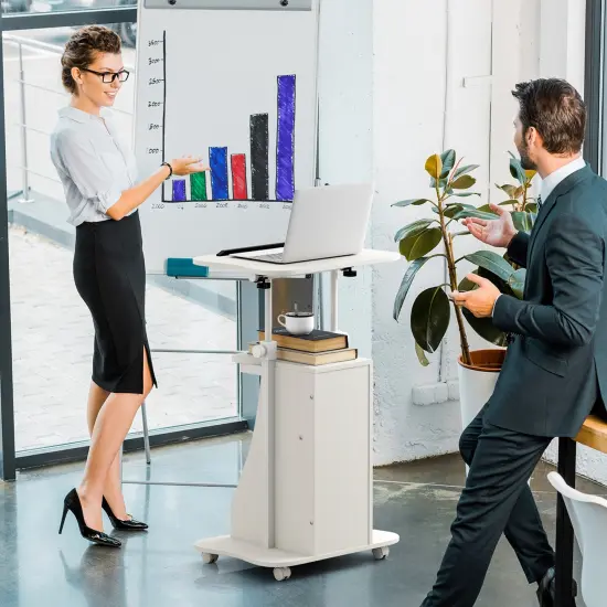 Costway Mobile Podium Stand Office Laptop Cart with Storage Adjustable Height White/Black {5}