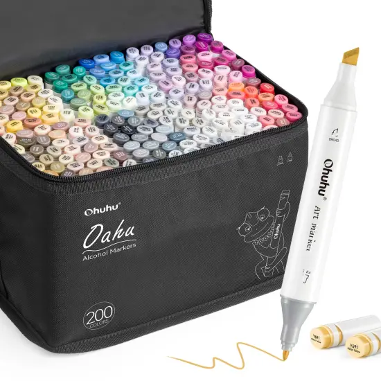 Ohuhu Oahu 200 Colors Alcohol-Based Markers - Dual Tip Chisel & Fine {1}