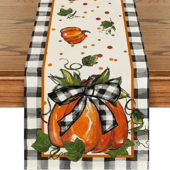 Pumpkin Bow Buffalo Plaid Fall Table Runner {1}