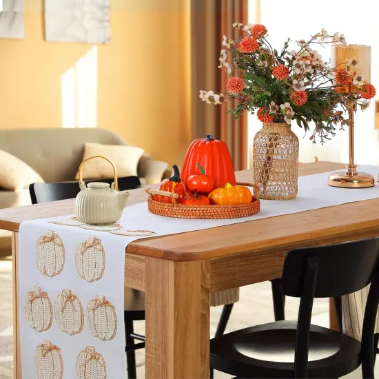 Fall Pumpkins Table Runner 3D Embroidered Handmade Linen 90 x 14 Inch {4}