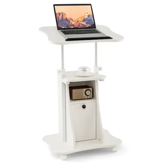 Costway Mobile Podium Stand Office Laptop Cart with Storage Adjustable Height White/Black {1}