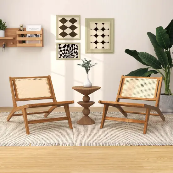 Costway 1/2 PCS Mid Century Modern Teak Wooden Chair with Handwoven Rattan Seat & Backrest {4}