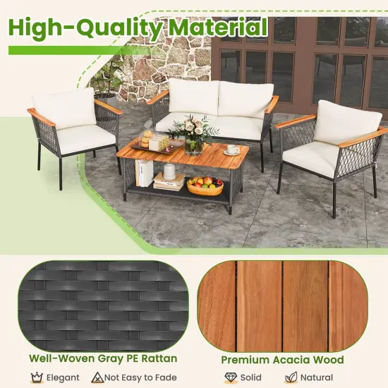Costway 4 PCS Patio Furniture Set with 2-Tier Coffee Table Acacia Wood Armrests Tabletop {6}