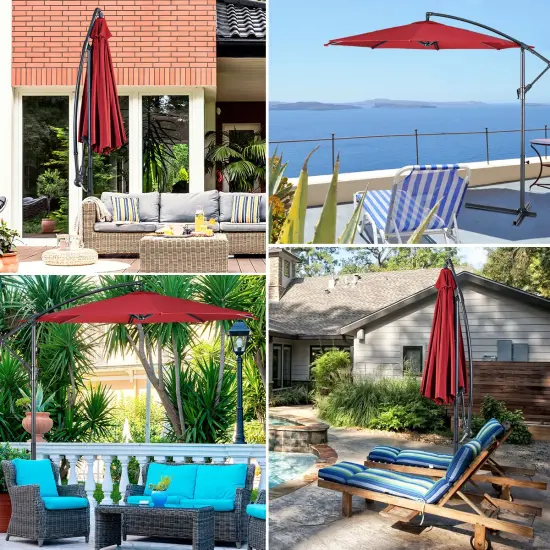 Costway 10' Hanging Umbrella Patio Sun Shade Offset Outdoor Market W/t Cross Base Burgundy {4}